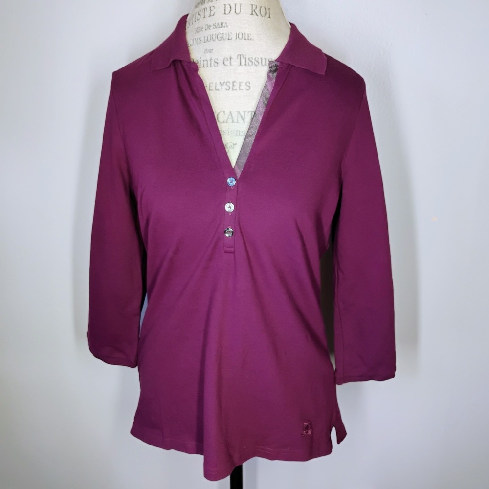 Burberry London Polo Shirt Womens XL Purple Check Trim 3/4‎ Sleeves Preppy Logo